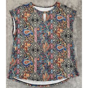 Ristore Shirt Womens XL Paisley Stretch Keyhole Neck Cap Sleeve Rayon Festival